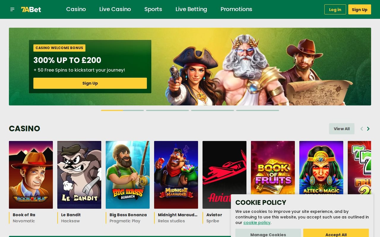 Screenshot of the 7abet online casino homepage