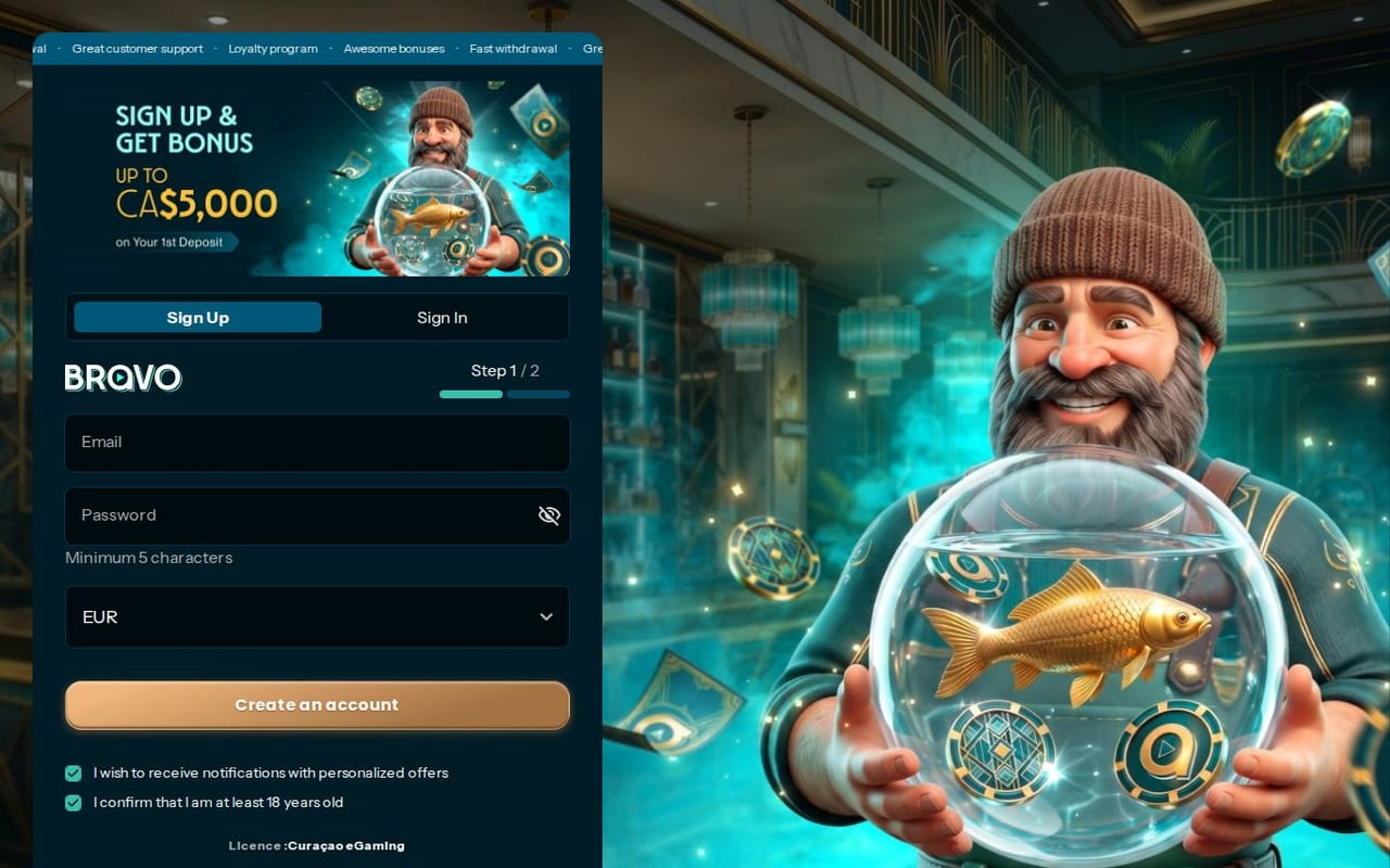 Screenshot of the Bravo Play online casino homepage