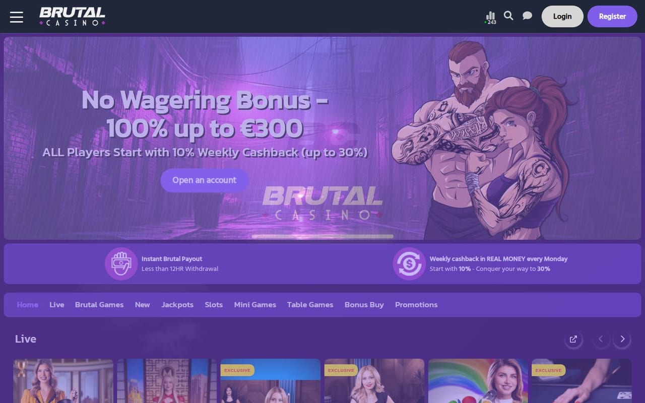 Screenshot of the Brutal Casino online casino homepage