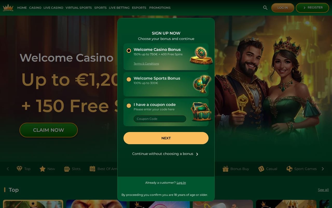 Screenshot of the GrandWin online casino homepage