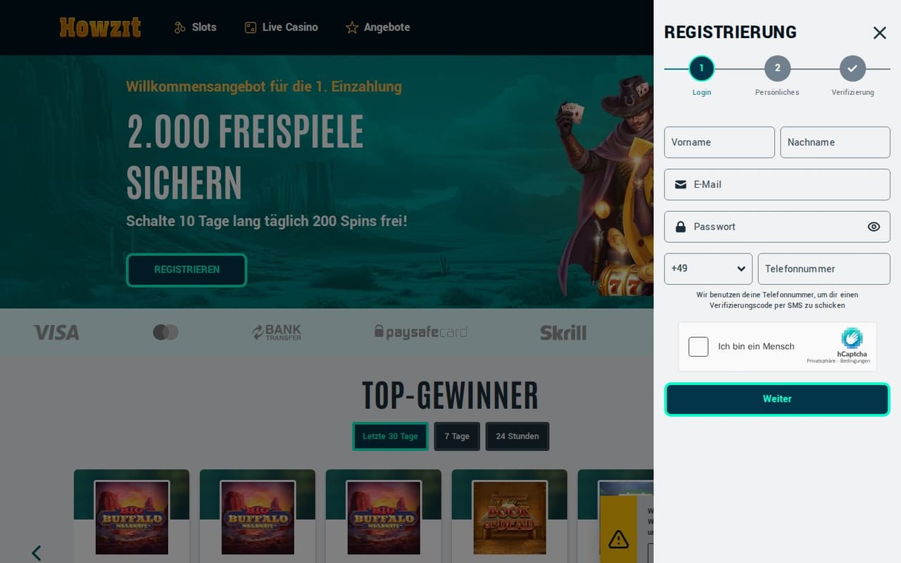 Screenshot of the Howzit online casino homepage