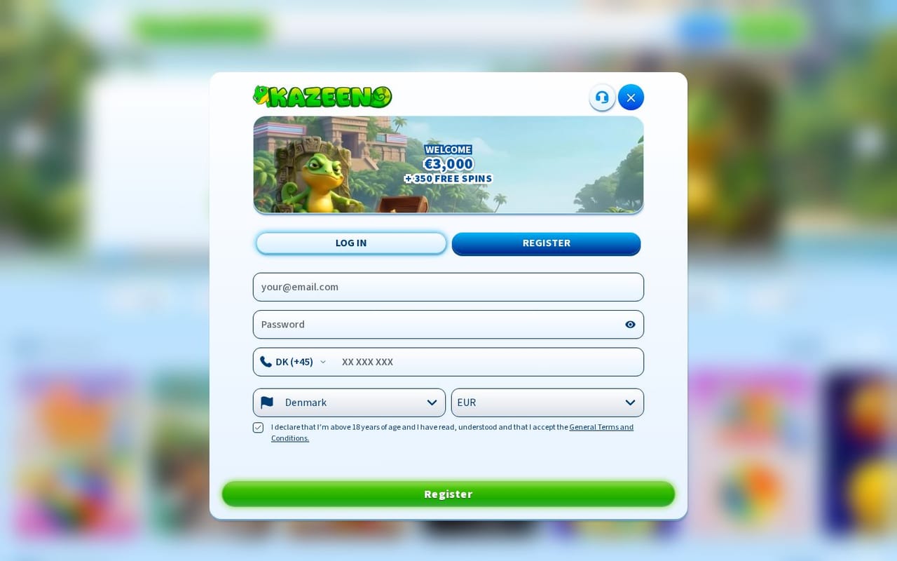 Screenshot of the Kazeeno online casino homepage