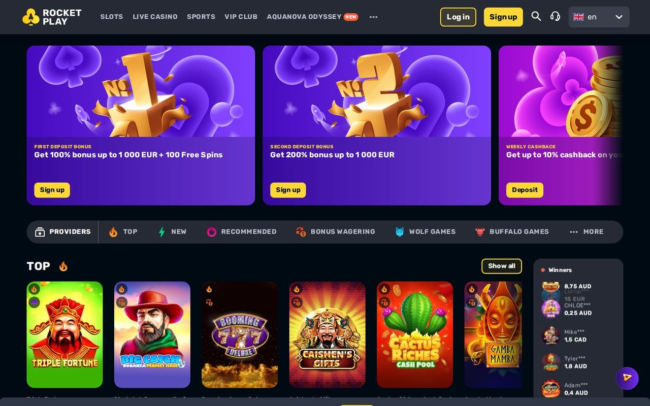 Screenshot of the Rocket Play online casino homepage