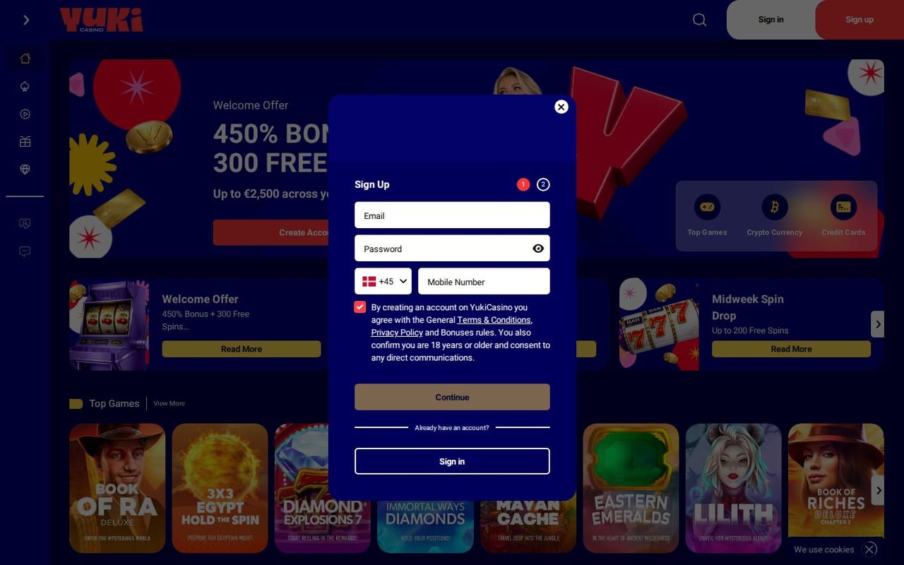 Screenshot of the Yuki Casino online casino homepage